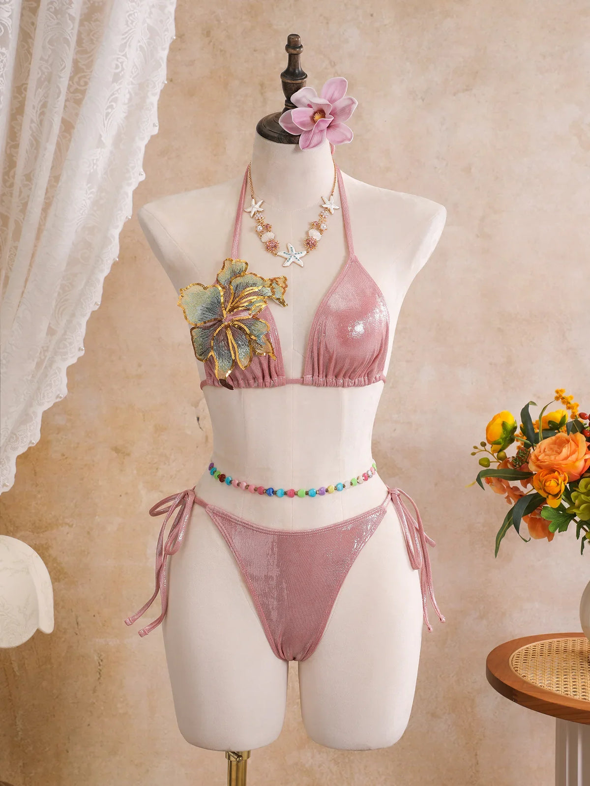 Sexy Beige 3D Flowers Embroidered Bikini Set 2026 Women Drawstring Cover Up 3 Piece Swimsuit Beach Bathing Suit Holiday Swimwear