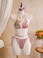 Sexy Beige 3D Flowers Embroidered Bikini Set 2026 Women Drawstring Cover Up 3 Piece Swimsuit Beach Bathing Suit Holiday Swimwear