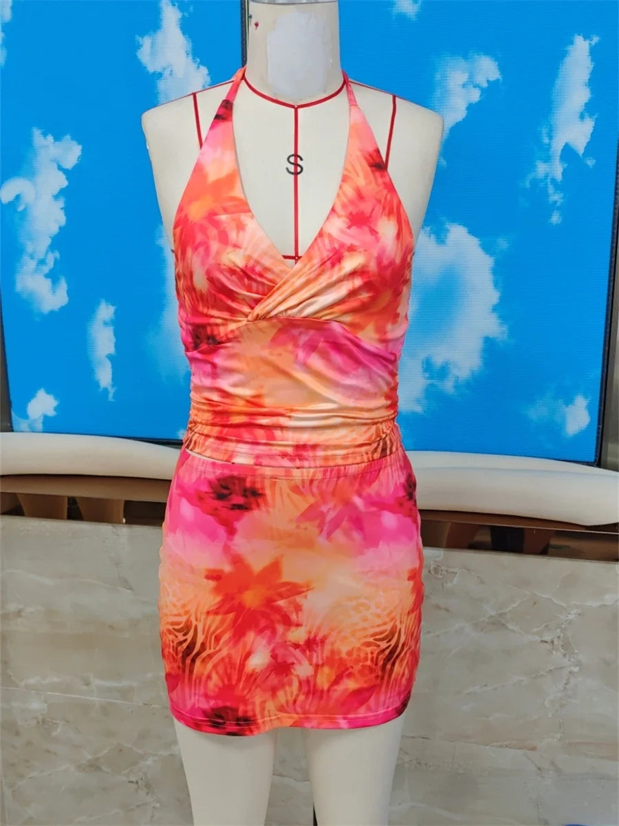 Summer Women's Printed 2 Piece Skirt Outfits Sleeveless Halter V Neck Tank Tops with Skinny Mini Skirt Sets Bohemian Beach Sets