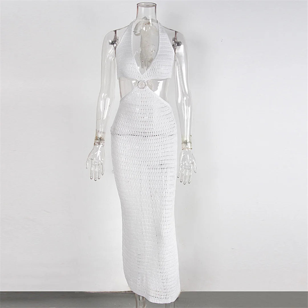 S - XL Crochet Knitted Backless Deep V Split Tunic Beach Cover Up Cover-ups Beach Dress Beach Wear Beachwear Female Women V4014