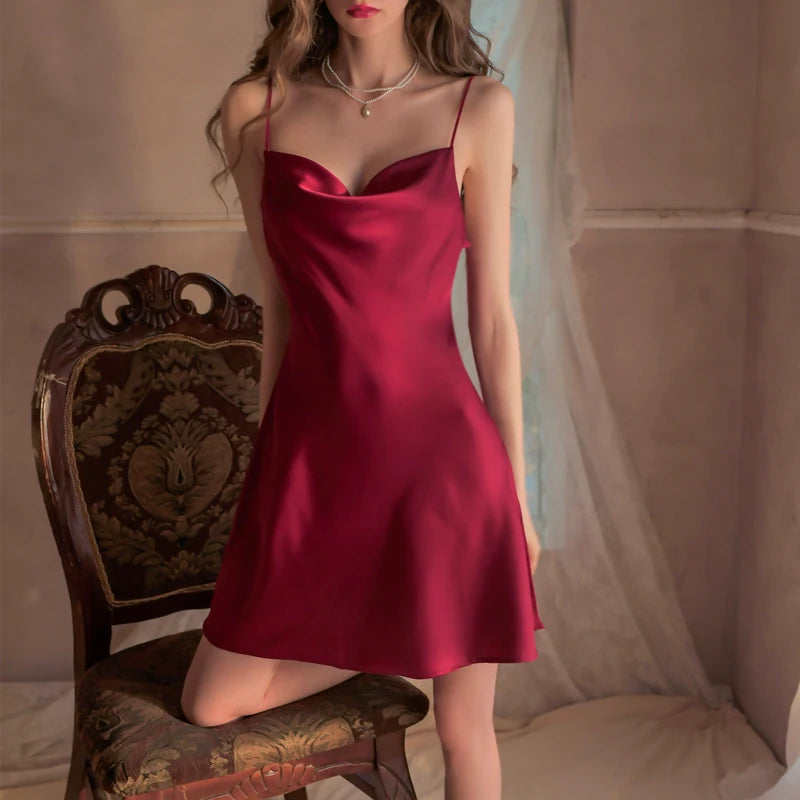 Quality Nightdress Women Sleepwear Satin Comfortable Sexy Lingerie Nightgown Backless Sleeveless Suspended Pajamas With G-string