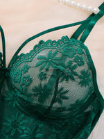 Green Daisy Floral Lace Sheer Mesh Babydoll Lingerie Set Slip Nightdress With Matching Thong Women Sexy Sleepwear ZA825096
