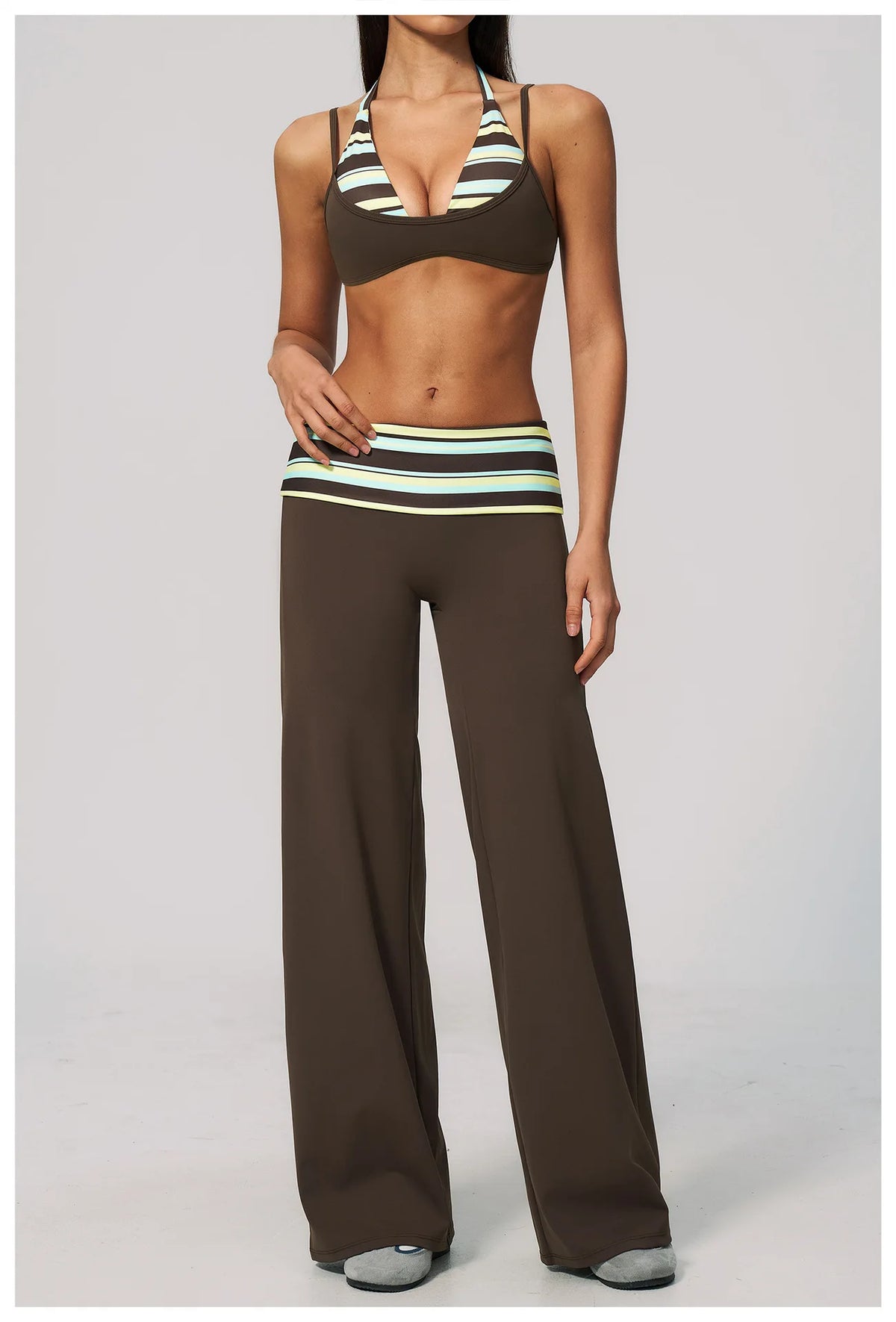 Fake Two-piece Sports Bra Yoga Sets Women Coffee Striped Patchwork Folding High Waist Wide Leg Pants Gym Running Fitness Suits