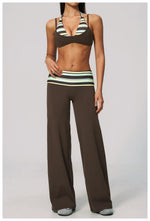Fake Two-piece Sports Bra Yoga Sets Women Coffee Striped Patchwork Folding High Waist Wide Leg Pants Gym Running Fitness Suits