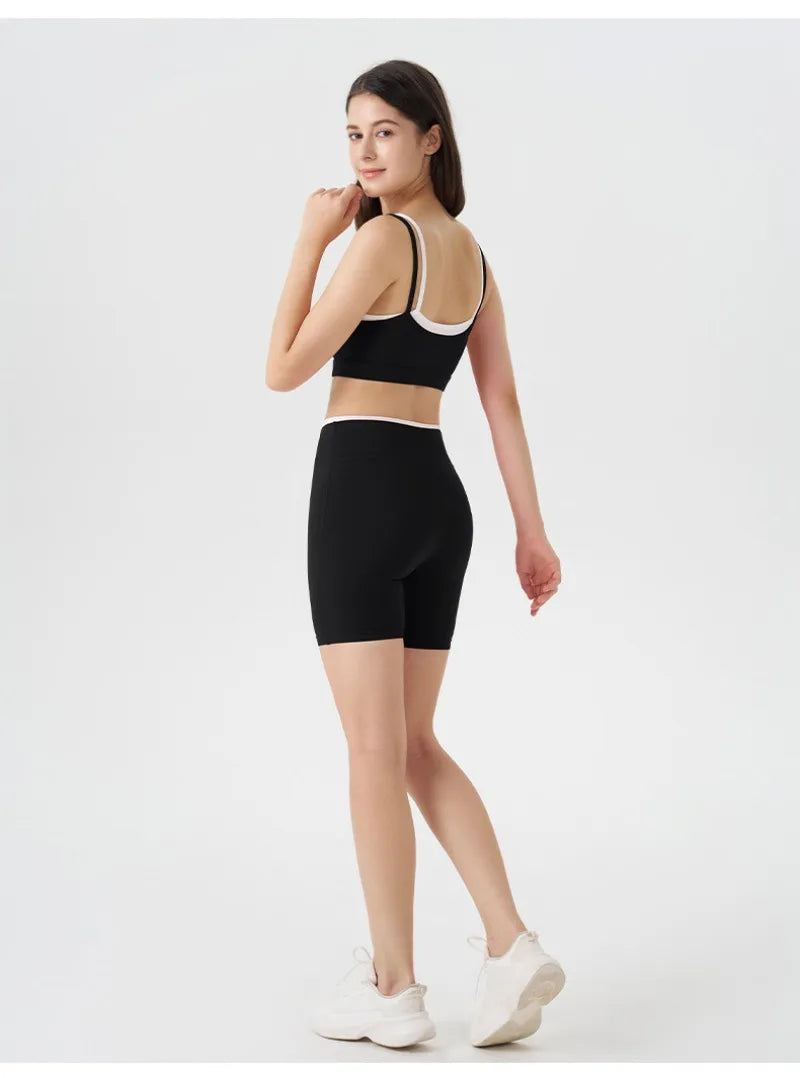 Women's 2-piece Yoga Set Fake Two-Piece Color-Block White Stripe Camisole Running Sports Bra Shorts Yoga Outfit Set