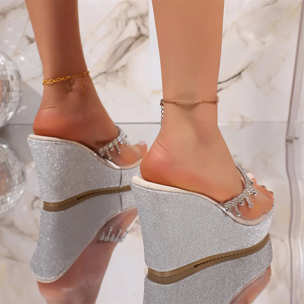 EUR Size 43 Silver Glitter Rhinestone Tassel PVC Slide Mules Slip On Wedge Platform Sandals Summer Beach Party Daily Shoes