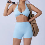 2PCS Nude Sexy Yoga Set Halter Neck Sports Bra And Shorts Breathable Fitness Training Underwear Slimming Beautiful Back Design