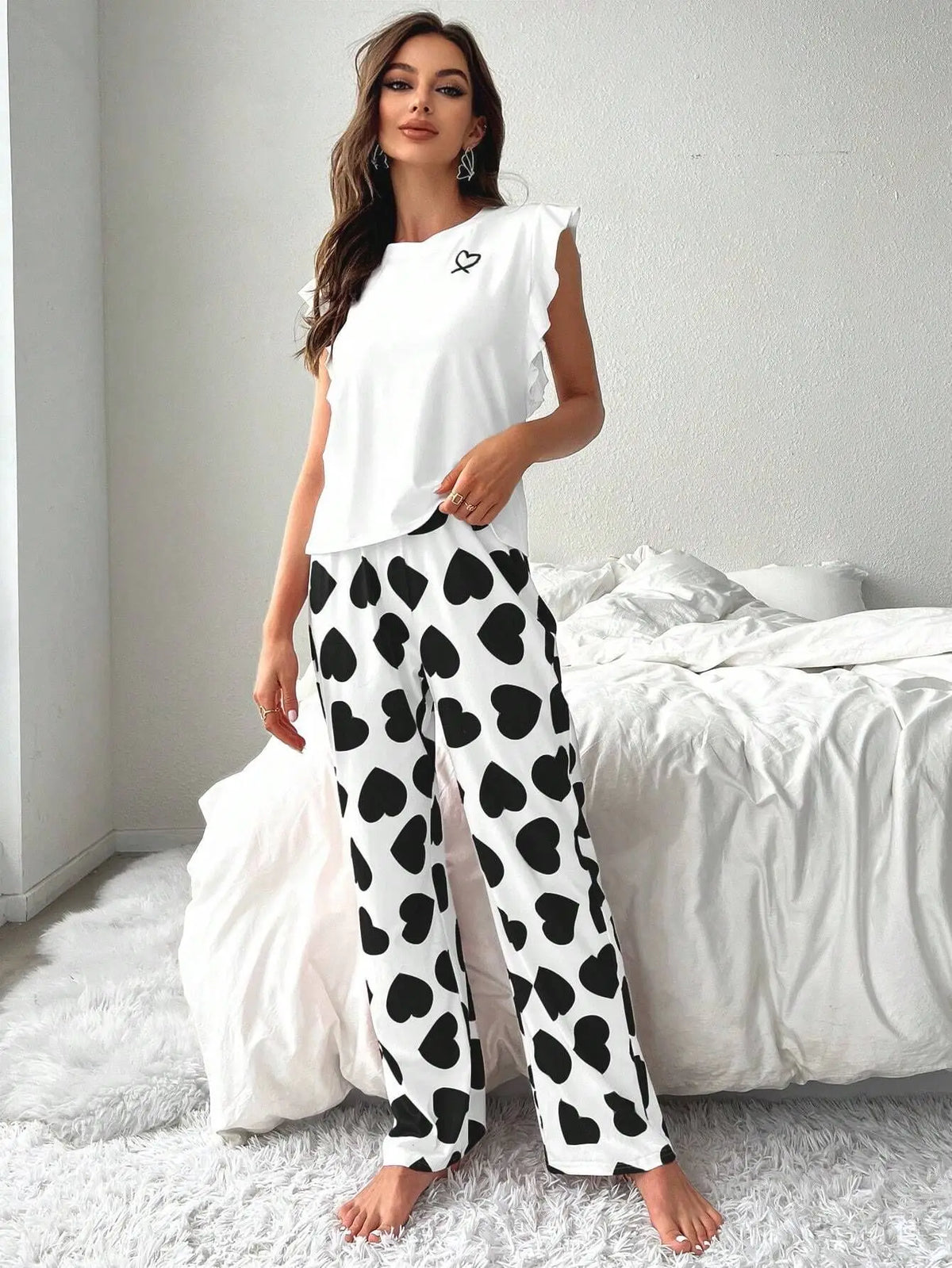 Spring Summer Heart Print Sleepwear Women Comfortable Pajamas Set Short Sleeve T-shirt with Pants Casual Homewear Loungewear