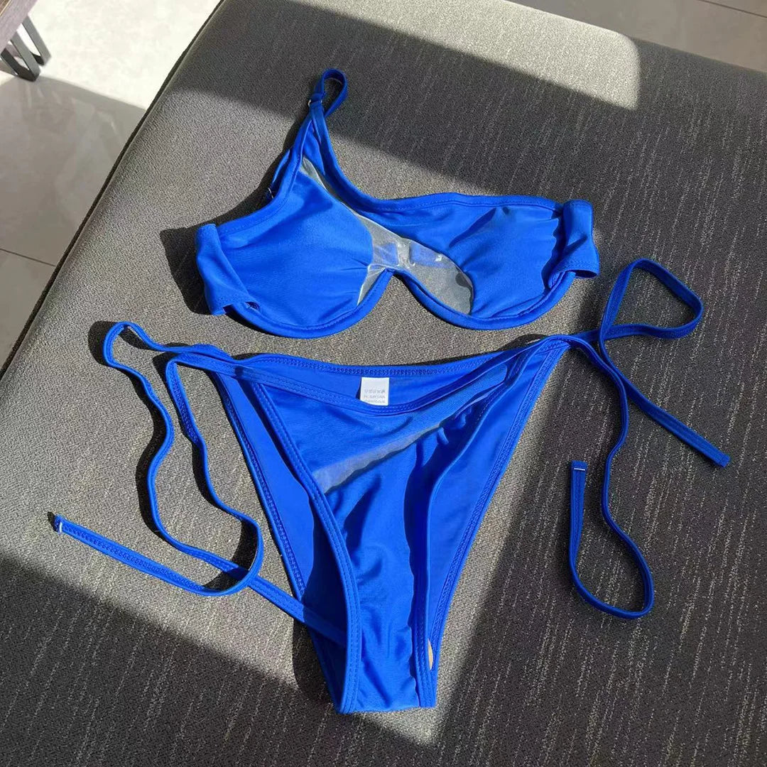 Sexy One Shoulder Underwired V-Bar Bikini Female Swimsuit Women Swimwear Two-pieces Bikini Set Bather Bathing Suit Swim V4229