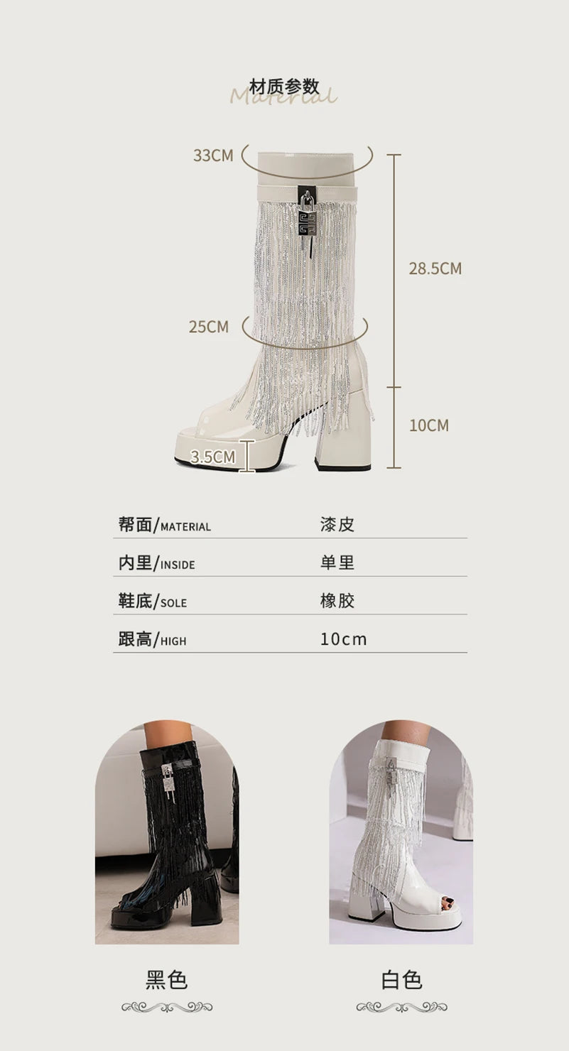 Plus Size Women White Patent Leather Fringe Tassel Mid Calf Boots Peep Toe Platform Block Heel Open Toe Party Club Heels