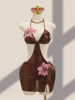 DEKA 2026 New Shiny Pink Flower One Piece Swimsuit High Cut Sleeveless Glossy Bodysuit Sexy Back Monokini Swimwear Beachwear