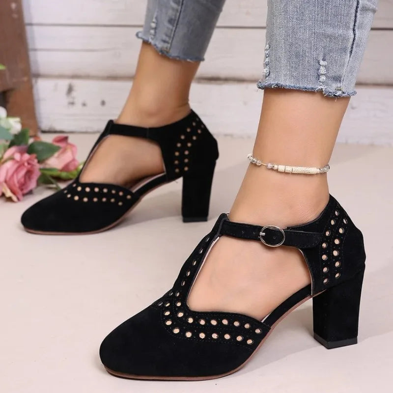 2026Women Sandals FashionRound Toe Hollow Thick Heel Sandals Casual Summer Shoes