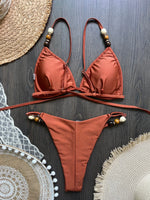 Sexy Pearls Strap Hole Out Micro Bikini Women Brown Knitted Push Up Bra Thong Swimsuit Summer Bathing Suit Holiday Swimwear 2026