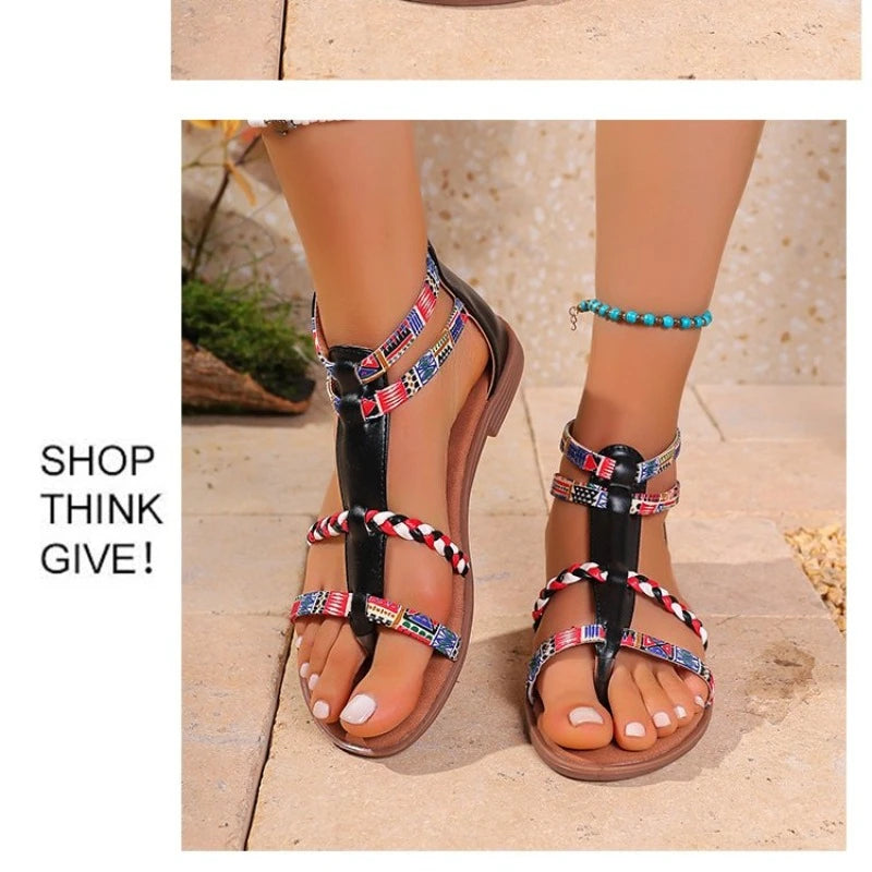 Bohemian Style Mixed Color Flat Sandals For Women 2026 Summer Pinch Narrow Band Zip Cover Heel Roman