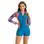 Long Sleeve Patchwork One Piece Swimsuit Training Swim Suits Beach Wear 2026 Blue Boyleg Swimwear Print Zipper Front Surf Suit
