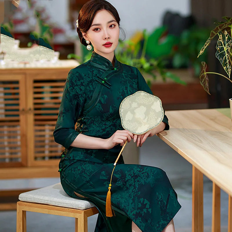 Chinese Traditional Style Evening Qipao Dress For Women Large Size 5XL Vestidos Autumn Stand Collar Print Floral Long Cheongsam
