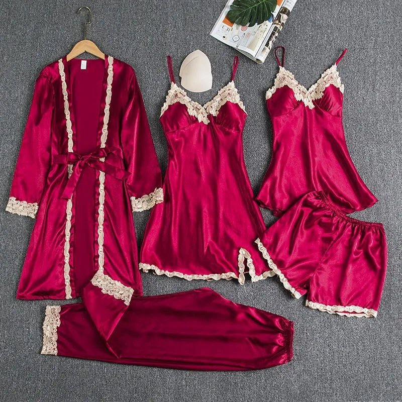 2025 Luxury Satin Pajama Set 5 Pcs Women's Silky Sleepwear Lace Trim Robe Nightgown Cami Shorts Pants Elegant Loungewear New Hot