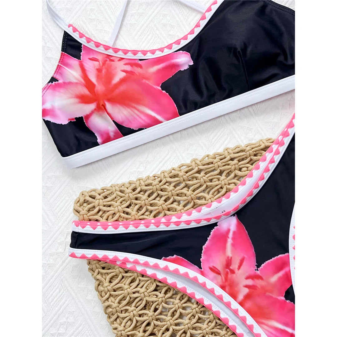 Sexy Flowers Printed Brazilian Bikini Female Swimsuit Women Swimwear Two-Pieces Bikini Set Padded Bather Bathing Suit Swim V6705