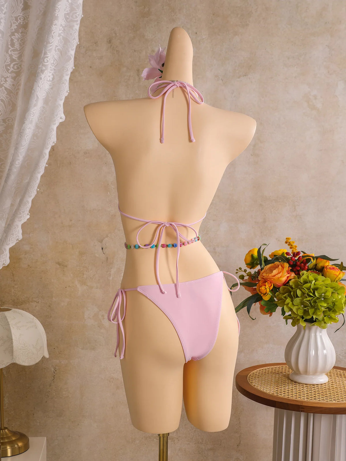 Vintage Pink Floral Tie Dye Gradient Bikini Set 2026 Women 3D Flower Push Up Bra Cover Up 3 Piece Swimwear Bathing Suit Swimsuit