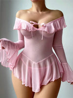 Off‑Shoulder Sheer Mesh Nightgowns Ruffle Trim Bow Front Long Flare Sleeve See‑Through Mini Dress Seductive Bodycon Sleepwears 