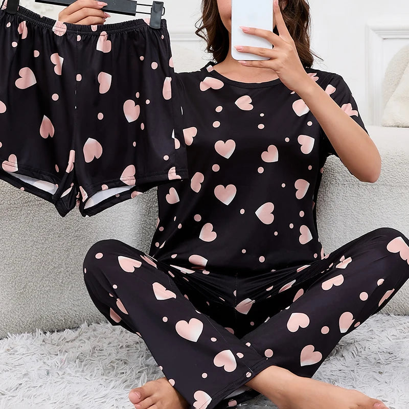 Women's Pajamas 3-Piece Set Sleepwear Home Clothes Autumn Short Sleeve Top with Shorts & Long Pants Loungewear Short Suit Pyjama