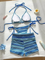 Sexy Red Striped Knitted Bikini Set 2026 Women Patchwork Push Up Bra Thong Swimsuit Beach Bathing Suit Cover Up 3 Piece Swimwear