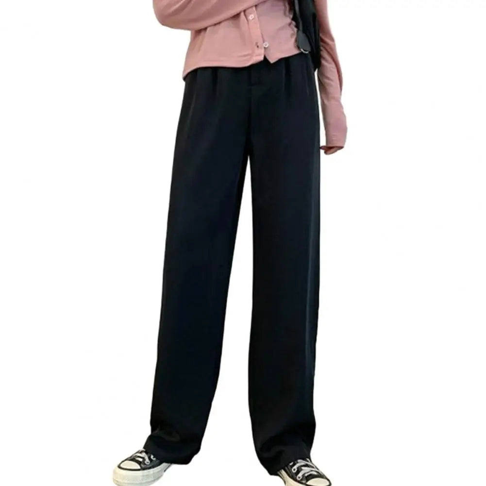Women High Waist Straight Wide Leg Pants Solid Color Suit Pants Elastic Slant Pockets Loose Office Trousers