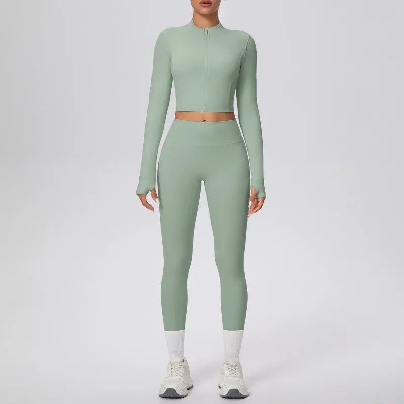 New Women Yoga Set Solid Color Double-Sided Brushed Bare Feel Short Long-Sleeve Jacket Tight Pants Running Fitness 2-Piece Set