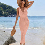 S - XL 2025 V Neck Hollow Out Crochet Knitted Tunic Beach Cover Up Long Cover-ups Beach Dress Beach Wear Beachwear Female Women