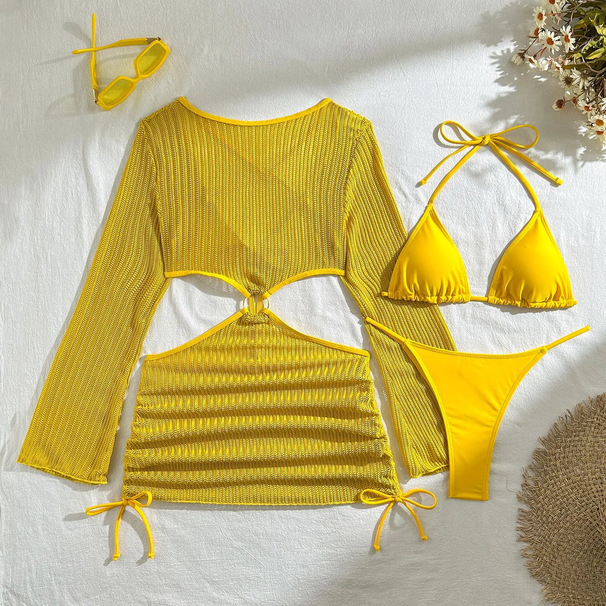 DEKA Women Solid Bikini Set Halter Bra Lace-up Swimsuit Set With Mesh Yarn Cover Up Dress KnittedLong Sleeve Boho Swimwear
