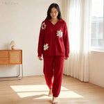 Autumn Winter Homewear Sleepwear Loungewear Women New Year Red Half Velvet Pajama Set V Neck Snow Embroidery Cuffed Pants Ladies