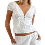 Women's Summer Solid Color Casual Shirt Short Sleeve Deep V Neck Lace Trim Buton Up Party Sweet Crop Tops