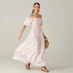 Women Summer Long Dress Floral Print Square Neck Short Sleeve Fashion Casual Bohemian Holiday Beach Dresses