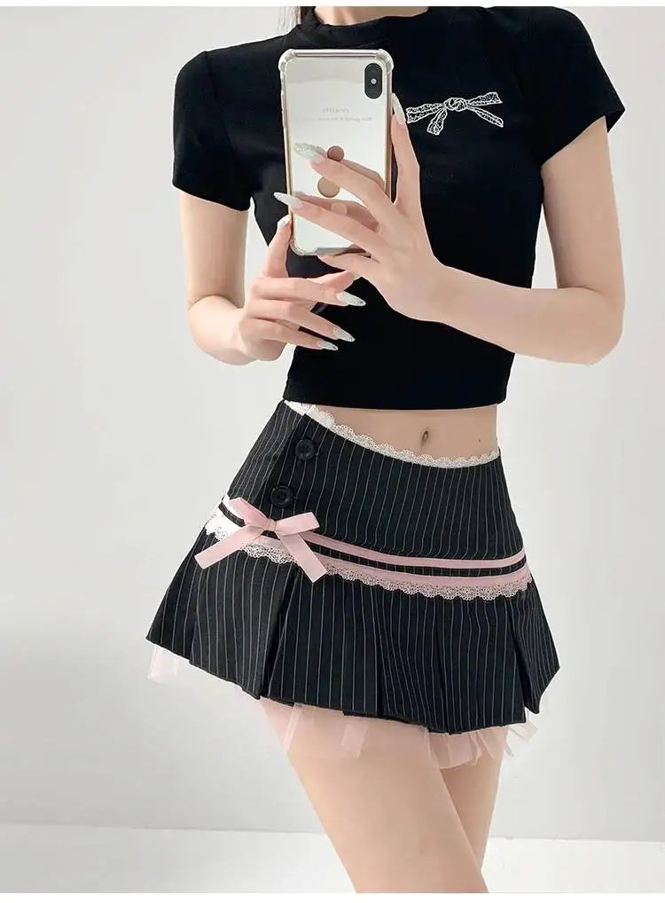 Striped Contrasting Color Bow Lace Splicing Pleated Skirt Women 2026 Summer American Style Low WaistA-line Short Skirt UBFK