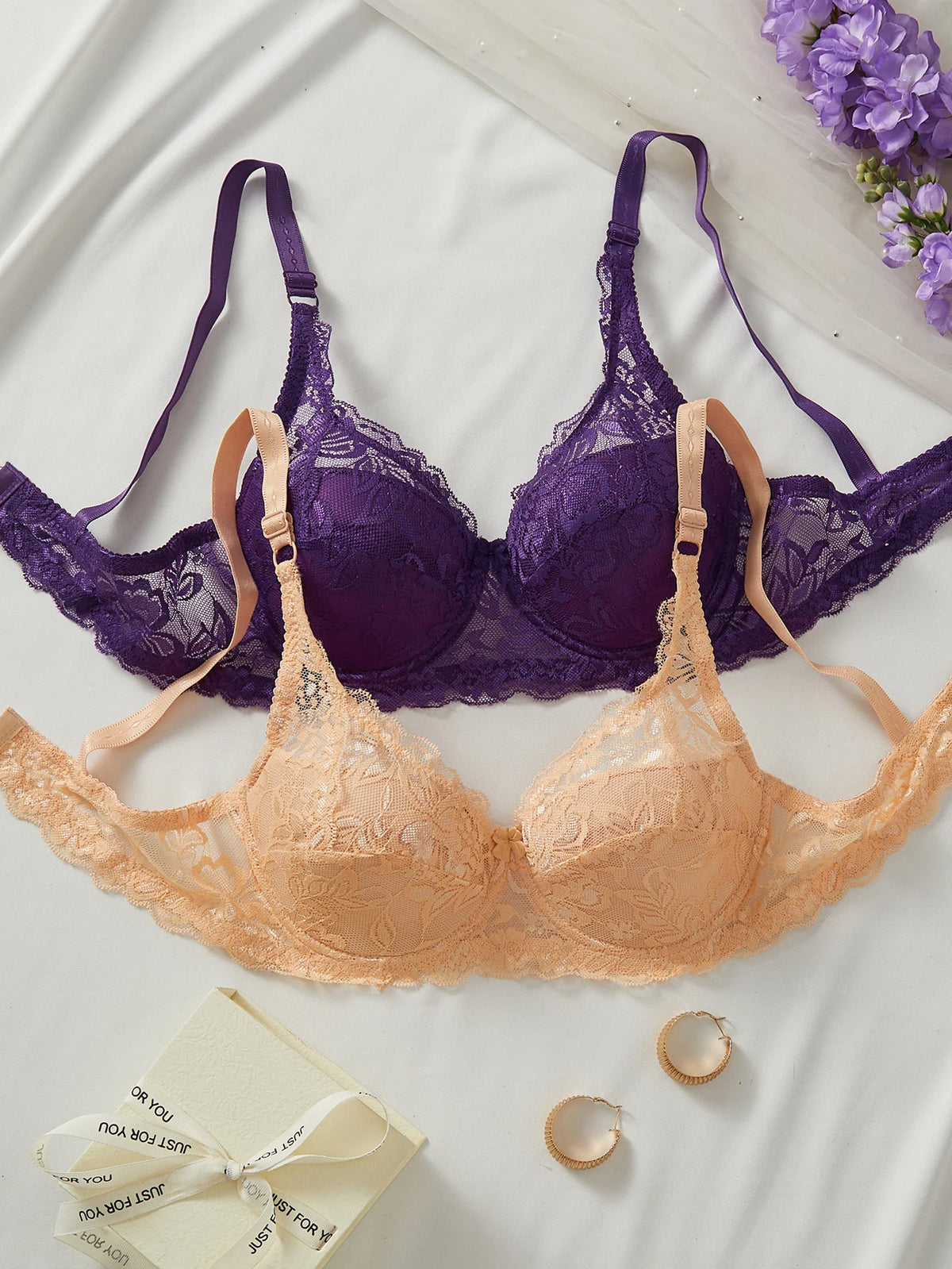2Pcs Women's Sexy Bras Floral Lace Thin Push-Up Brassiere No Lining Cutout Breathable Underwear