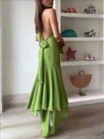 Temperament Halter Neck Long Dresses Women Green Backless Leace-up Irregular Package Hip Party Dress Elegant Banquet Vestidos