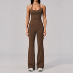 New Yoga Sets Women Summer Seamless Thread Hanging Neck Sports Vest Exercise Fitness Suit High Waist Wide Leg Pants Tracksuit