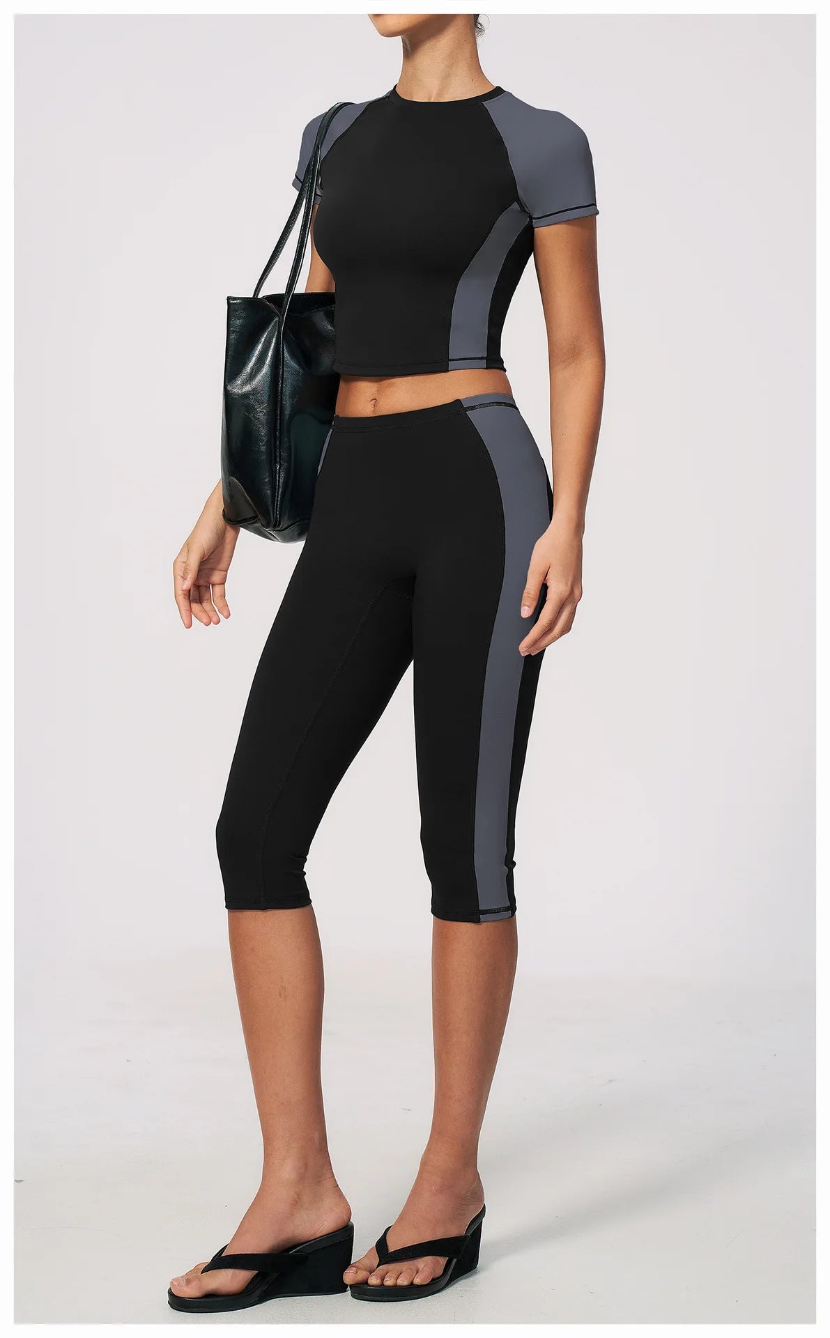 Color Blocking 2PCS Yoga Set Women's Tracksuit Short Sleeve O Neck Sports T Shirts High Waist Cropped Pants Tight Fitness Suits