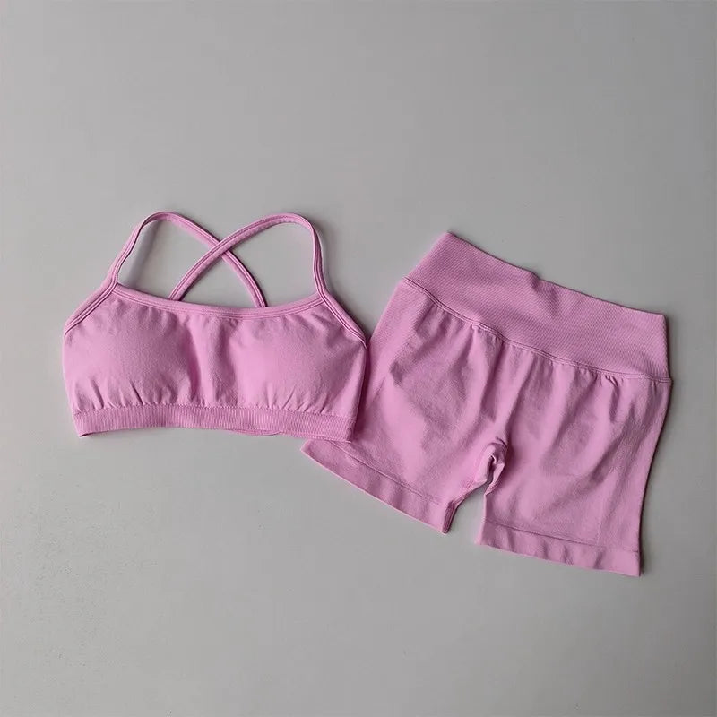 Seamless 2PCS Leggings Set Women Seamless Yoga Set High Waist Scrunch Butt Shorts With Halter Sports Bras Workout Gym Suit Set
