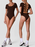 Summer Women's Cross Hollow Back Yoga Jumpsuit Short Sleeved Slimming Sports Overalls High Stretch Push Up Fitness Bodysuit