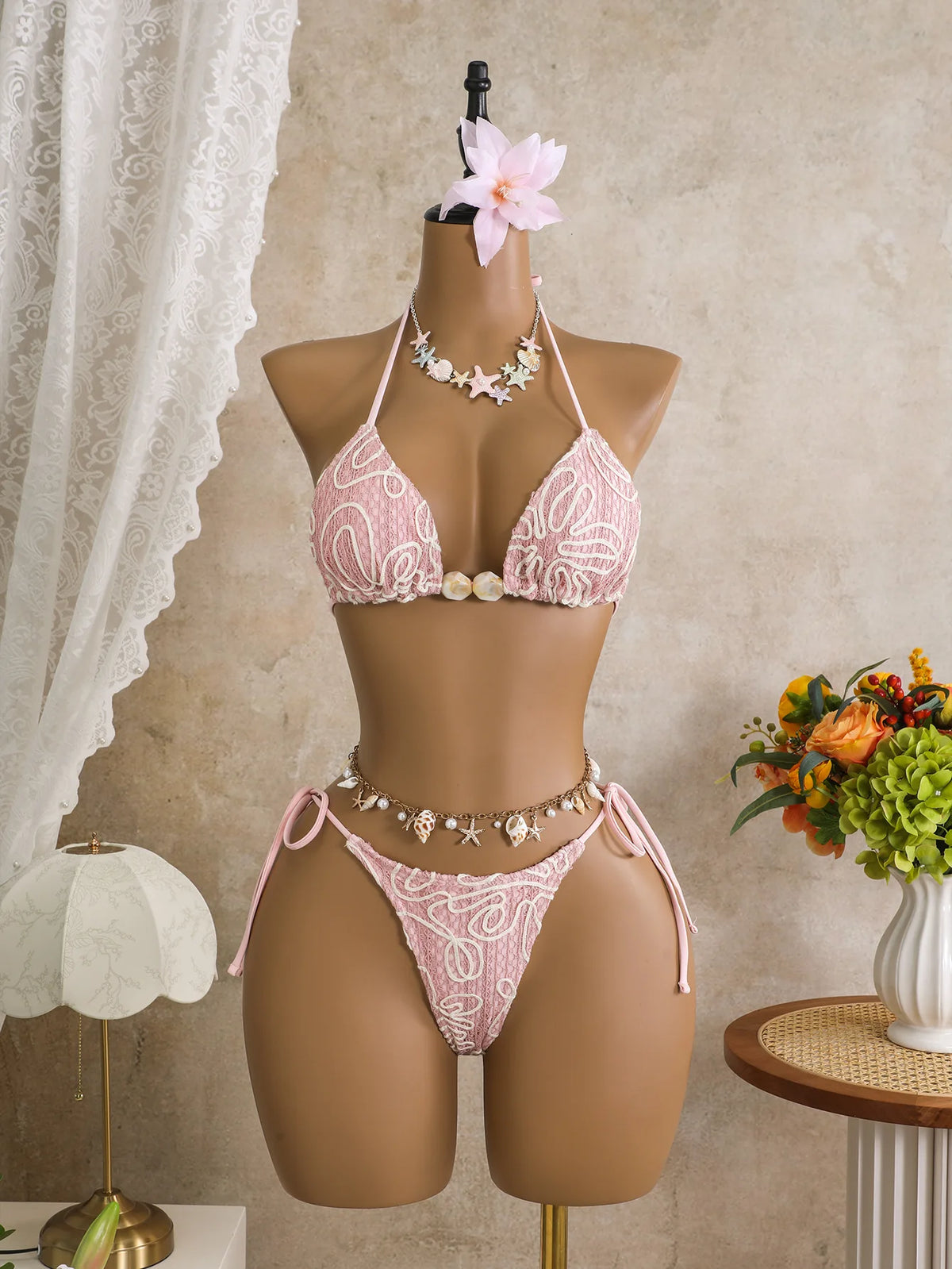 Vintage Pink Mesh Skirt 3 Piece Bikini Set Women Stone Strap Push Up Bra Triangle Swimsuit Holiday Bathing Suit Swimwear 2026
