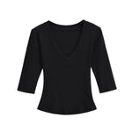 New Pure Desire Casual Style T-Shirt Hot Girl Sexy V-Neck Wool Lyocell Stretch Slim Fit Mid-Sleeve Solid Color Thin T-Shirt WLOC