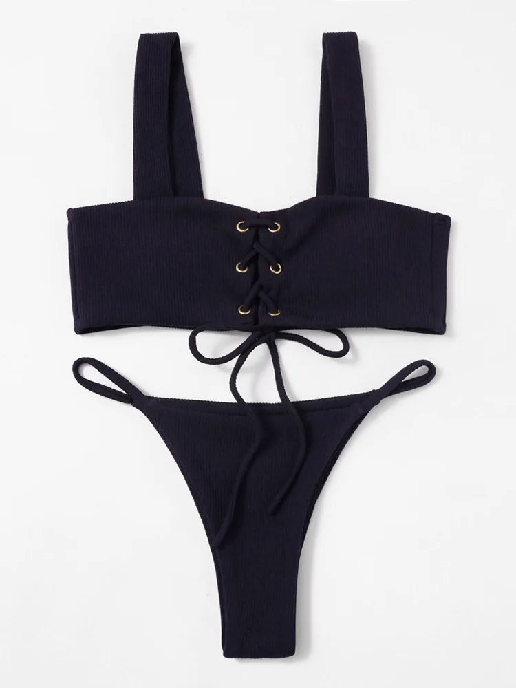 2025 Micro Bikinis Ribbed Bikini Set Women Sexy Swimsuit Mujer Bandeau Bikinis Lace Up Stylish Bathing Suit Wide Straps Swimwear