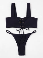 2025 Micro Bikinis Ribbed Bikini Set Women Sexy Swimsuit Mujer Bandeau Bikinis Lace Up Stylish Bathing Suit Wide Straps Swimwear