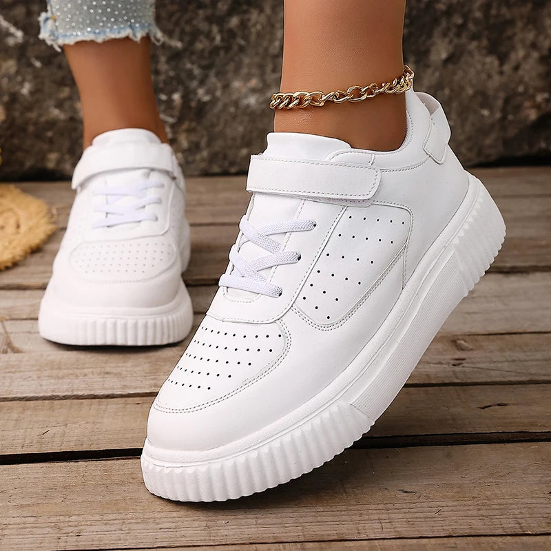Plus Size 43 Breathable Platform Sneakers Women White Lace Up Thick Bottom Vulcanized Shoes Woman Hook Loop Non Slip Sport Shoes