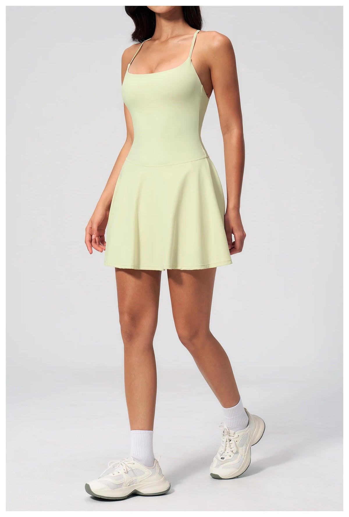 Women Tennis Dress with Shorts Pocket Square Neck Hollow Back Sleeveless One Piece Sports Outfit Fitness Pleate Mini Dresses