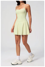 Women Tennis Dress with Shorts Pocket Square Neck Hollow Back Sleeveless One Piece Sports Outfit Fitness Pleate Mini Dresses