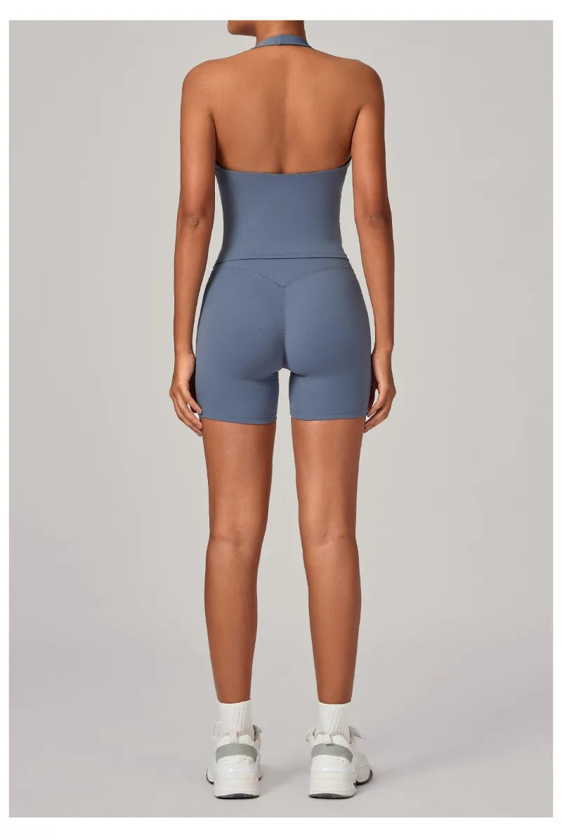 Women's Seamless Yoga Fitness Sets Sports Halter Neck Backless Vest Hip-lifting Slim Fit Shorts Suits Running Workout Gym Sets