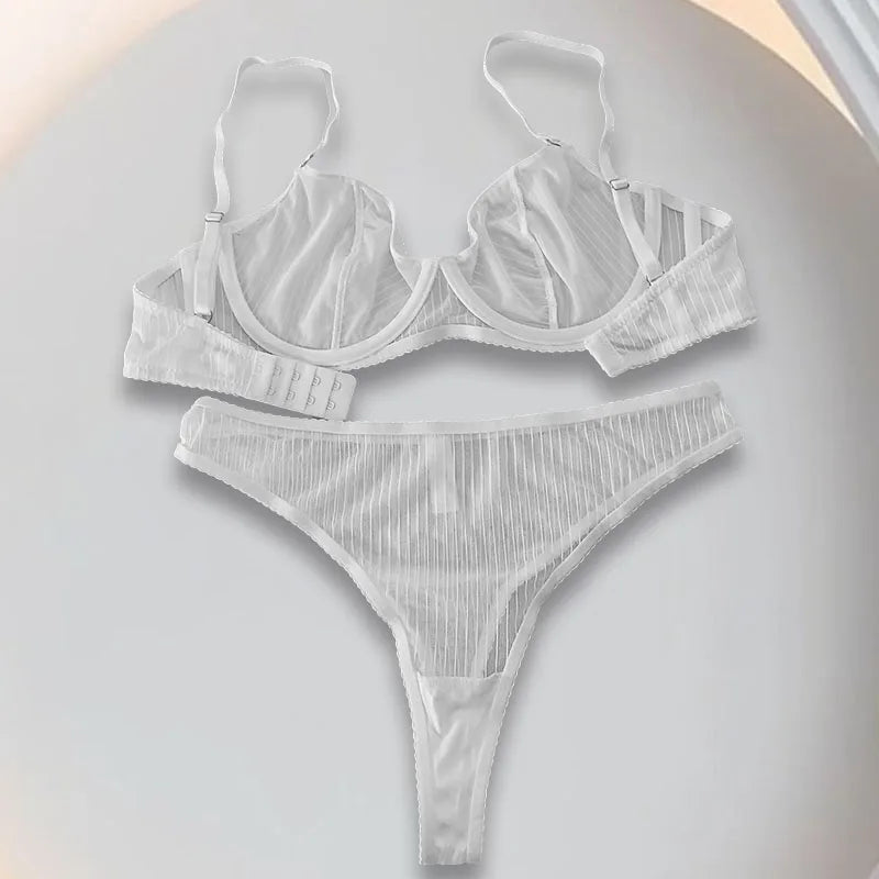 Women's Mesh Lingerie Set Lace Sheer Deep V Neck Bra and Panty Sexy Underwear Stranparent White Lingerie sets 2 pieces