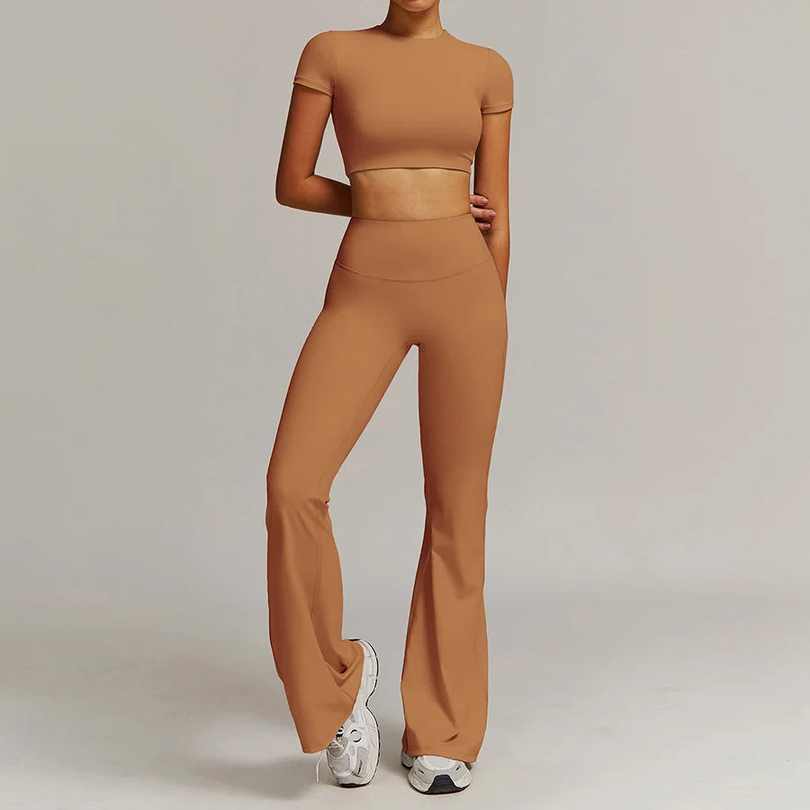 Women 2PCS Yoga Suit Sports Gym Set Tracksuit Workout Long Sleeve Shirt Fitness Flared leggings Short sleeve shorts running suit